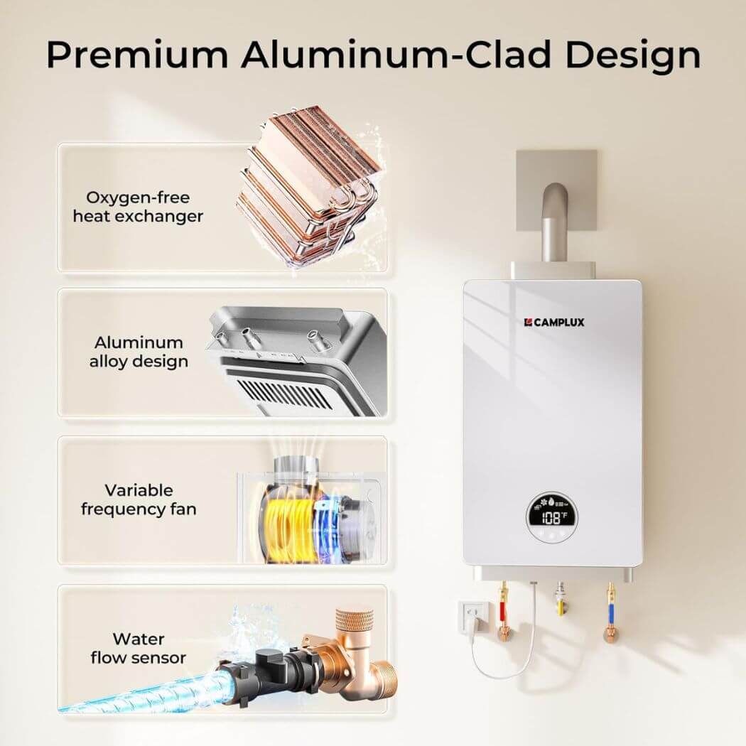 3.18 GPM Indoor Propane Tankless Water Heater with Wall Thimble, White - Image 5