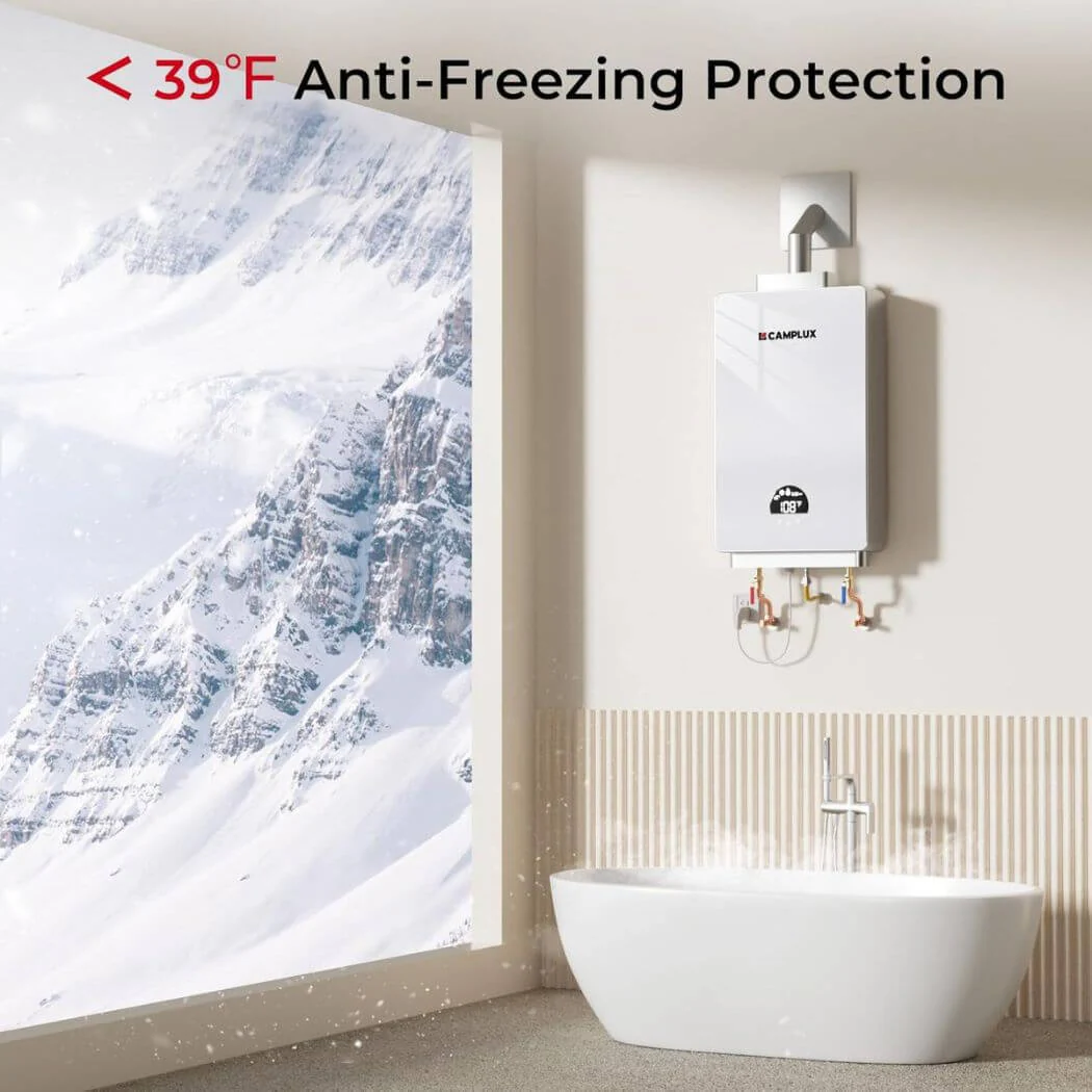 3.18 GPM Indoor Propane Tankless Water Heater with Wall Thimble, White - Image 7