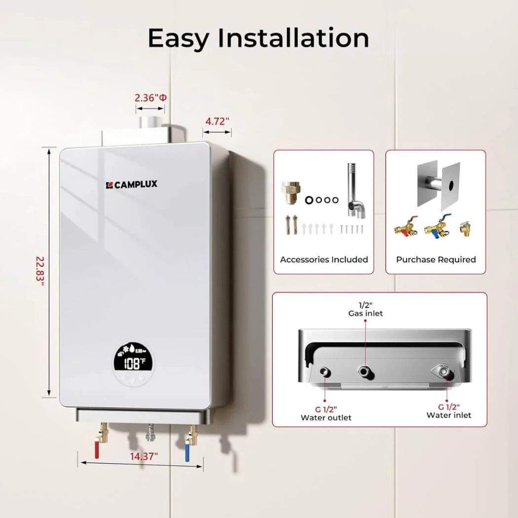 3.18 GPM Indoor Propane Tankless Water Heater with Wall Thimble, White - Image 8