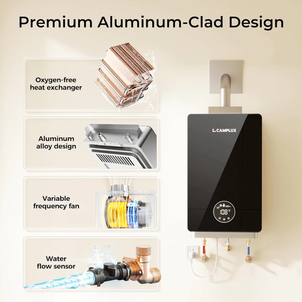 3.18 GPM Indoor Tankless Water Heater Propane with Wall Thimble, Black - Image 3