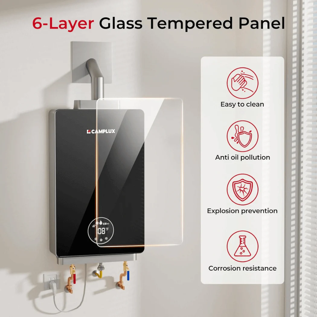 3.18 GPM Indoor Tankless Water Heater Propane with Wall Thimble, Black - Image 6