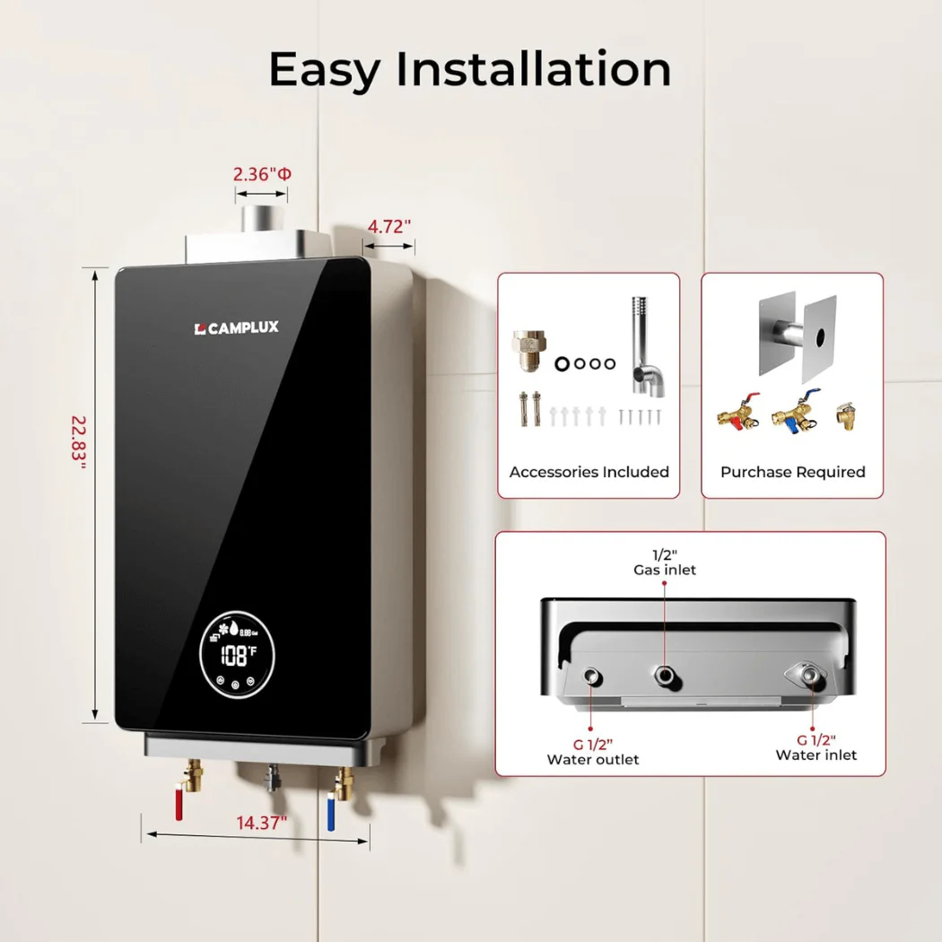 3.18 GPM Indoor Tankless Water Heater Propane with Wall Thimble, Black - Image 8