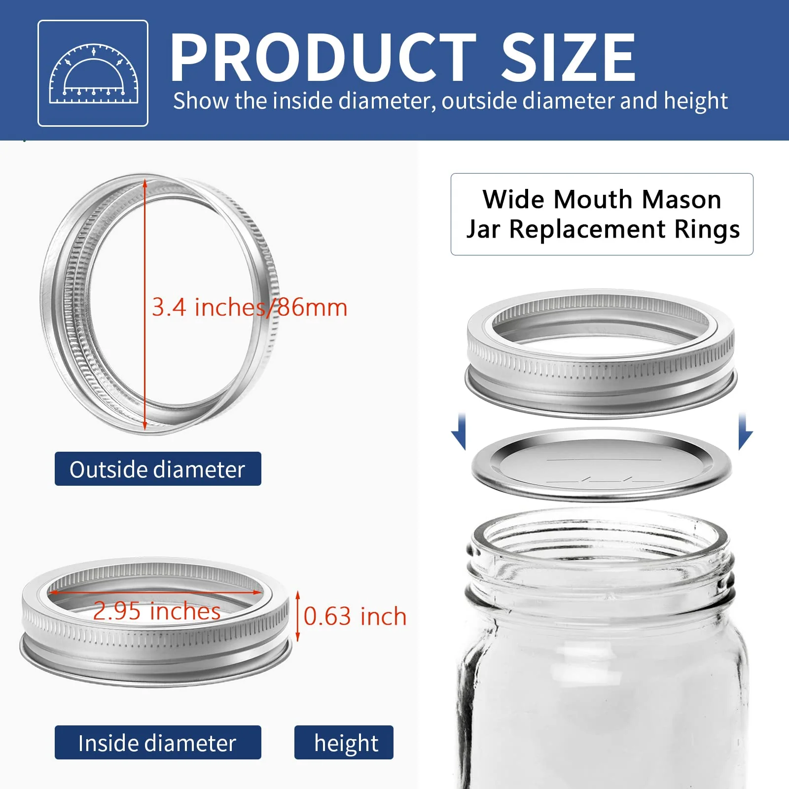 Wide-Mouth 86mm Canning Rings for Glass Mason Jars- 96 Pack - Image 2