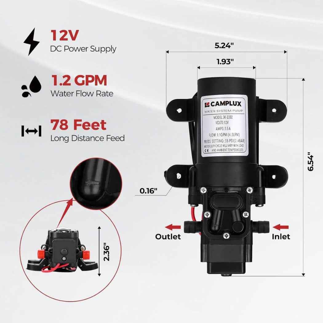 Camplux 12V Water Pump 35PSI DC 1.2GPM 4.3LPM Diaphragm for Caravan RV Marine Fishing Boat - Image 2