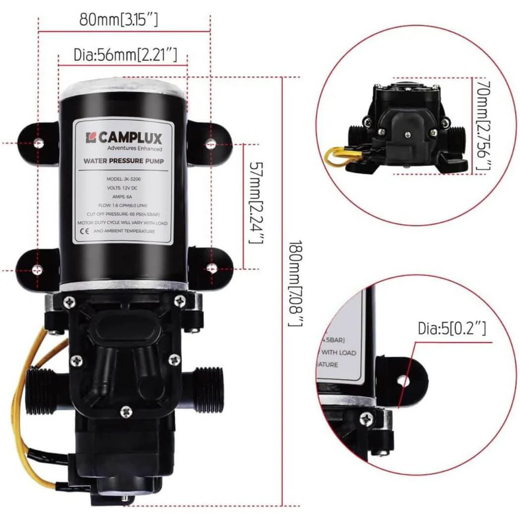 Camplux 12V Water Pump 65PSI DC 1.6GPM 6LPM Diaphragm - Image 4
