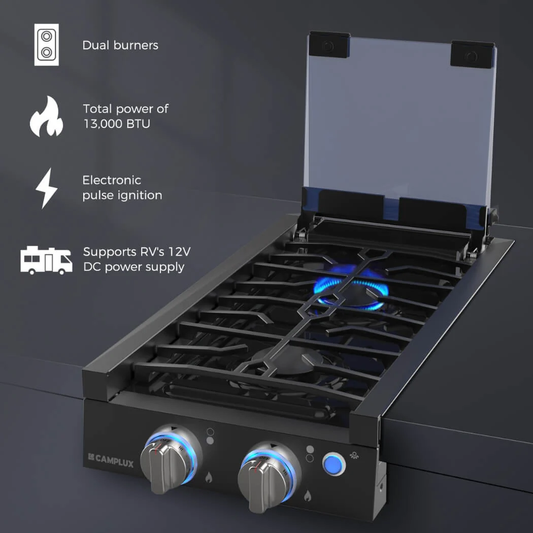 Camplux 2 Burners 12" RV Cooktop Slide-in Gas Stove with Cover - Image 3