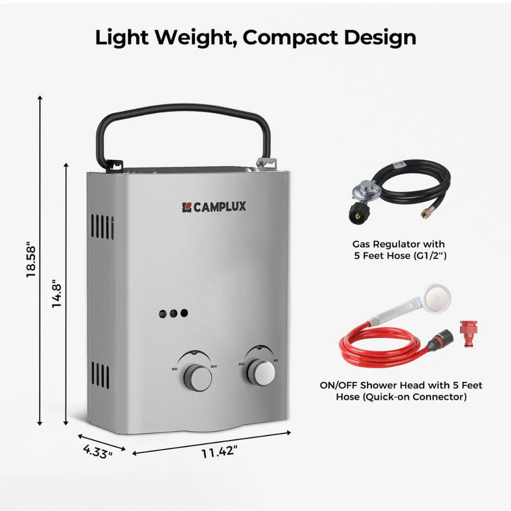 Camplux 5L 1.32 GPM Outdoor Portable Propane Tankless Water Heater - Silver - Image 2