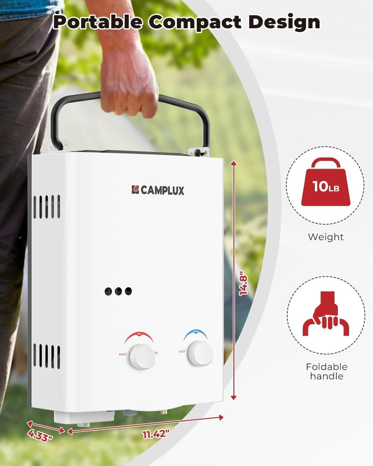 Camplux 5L 1.32 GPM Outdoor Portable Propane Tankless Water Heater - White - Image 2