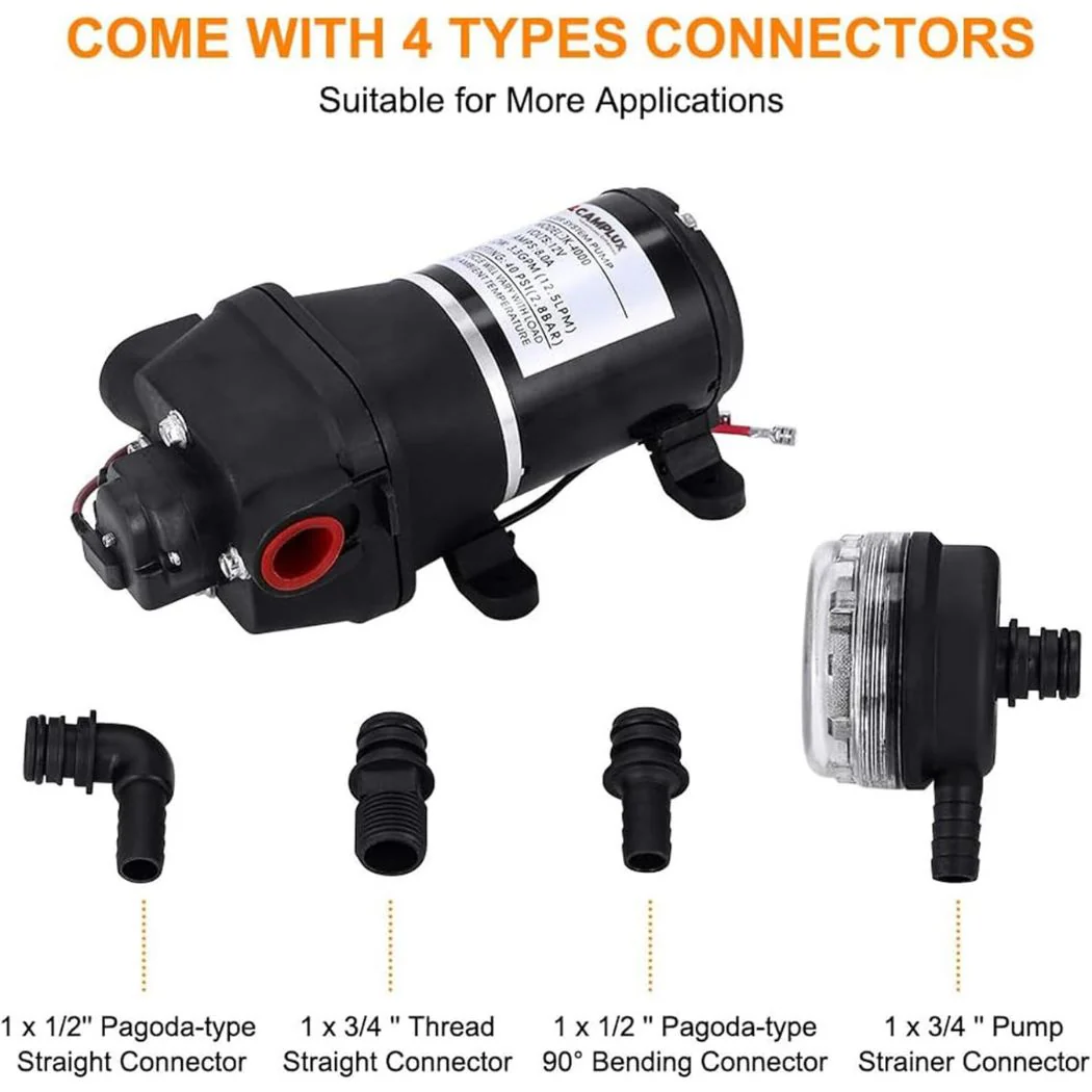 Camplux JK-4000 12V Water Pressure Diaphragm Pump 3.3GPM, 40PSI, 12.5LPM for RV Camper, Marine Boat, Lawn - Image 2