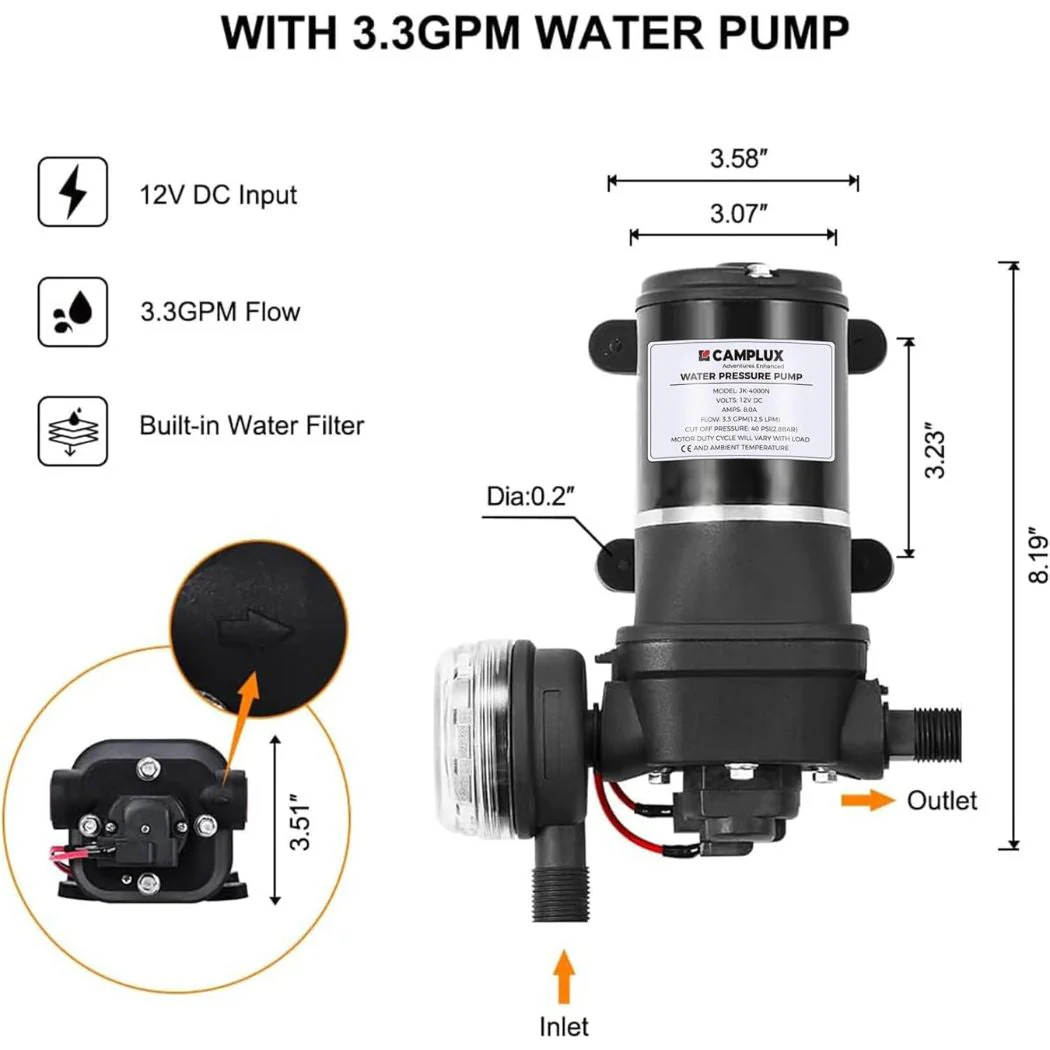 Camplux JK-4000 12V Water Pressure Diaphragm Pump 3.3GPM, 40PSI, 12.5LPM for RV Camper, Marine Boat, Lawn - Image 3