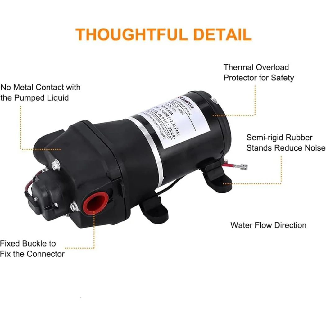 Camplux JK-4000 12V Water Pressure Diaphragm Pump 3.3GPM, 40PSI, 12.5LPM for RV Camper, Marine Boat, Lawn - Image 4