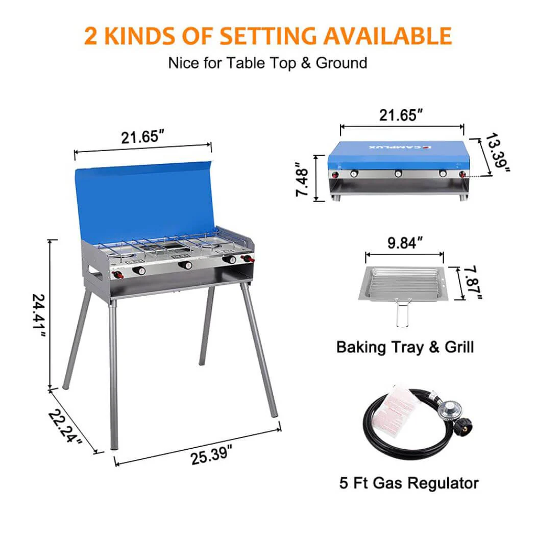 Camplux Propane Camping Stove 2 Burners & 1 Grill, 15,000 BTU Auto-Ignition - Image 2
