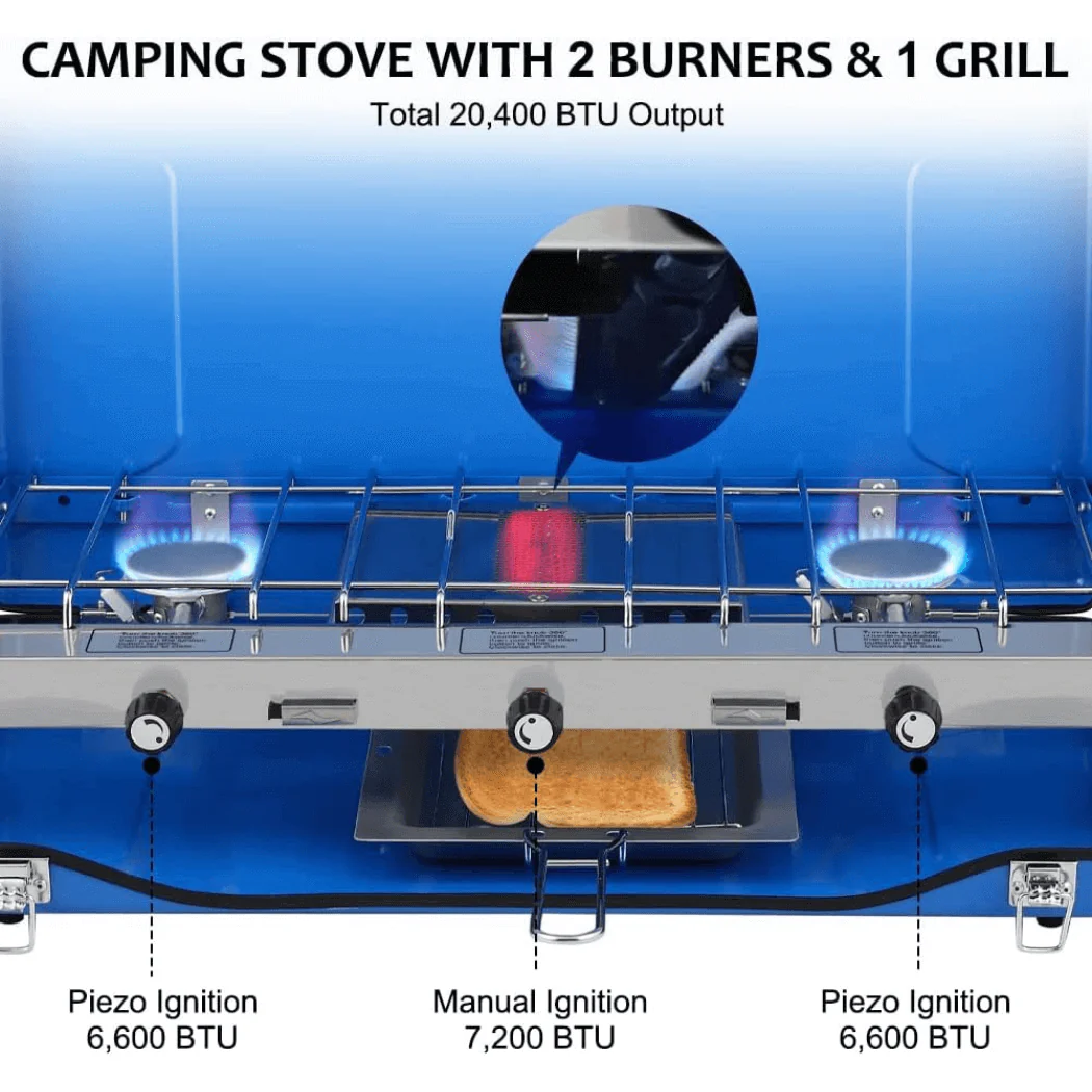 Camplux Propane Camping Stove 2 Burners & 1 Grill, 20,400 BTU Auto-Ignition - Image 2