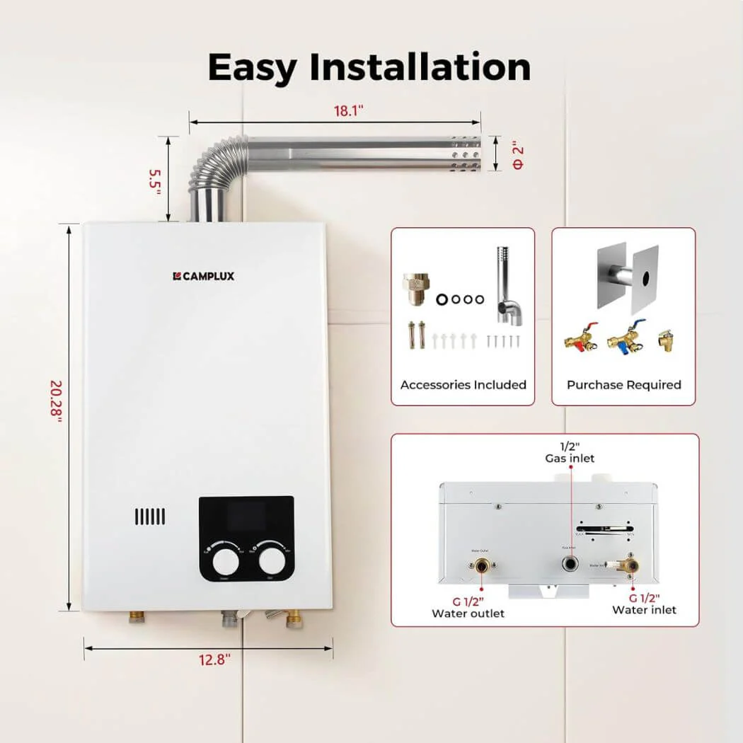 Camplux Tankless Propane Instant Hot Water Heater 2.64 GPM | White - Image 6