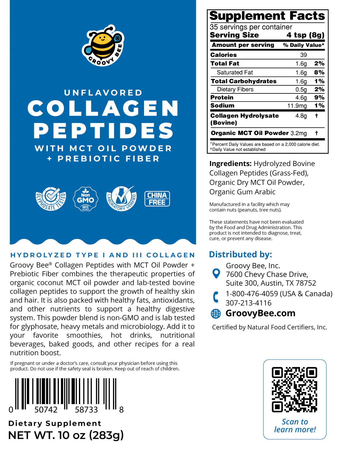 Collagen Peptides + MCT Oil Powder + Prebiotic Fiber - Unflavored 10oz (283g) - Image 2
