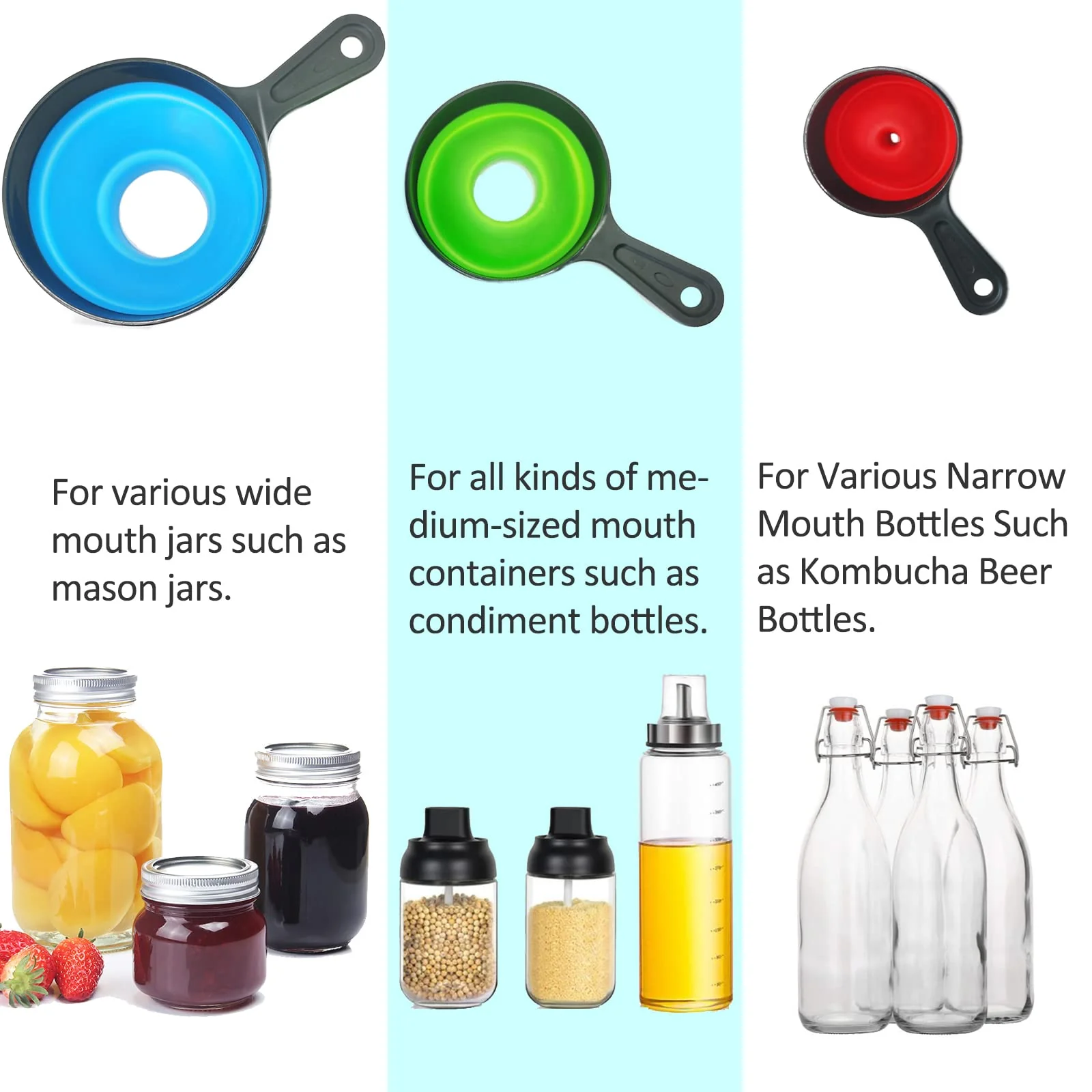 Canning Funnel & Strainer Set for Wide-Mouth & Regular-Mouth Mason Jars - Food Grade Silicone - 4 Pack - Image 3