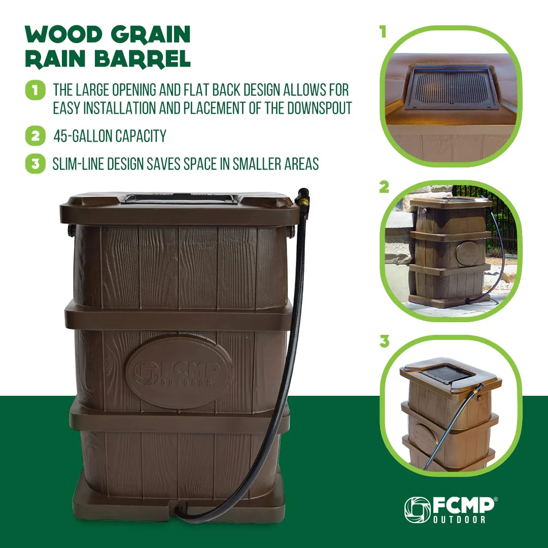 FCMP - Outdoor Slim Line 45-Gallon Wood Grain Rain Water Barrel - Image 3