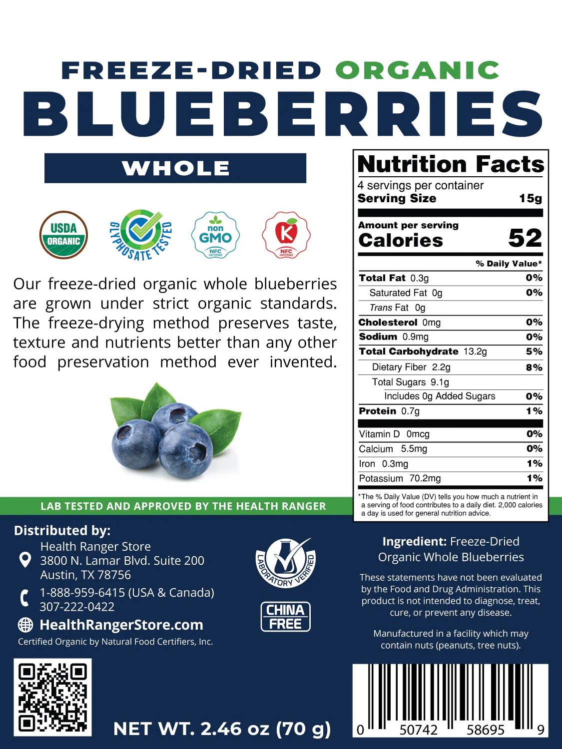 Freeze-Dried Organic Whole Blueberries 2.46 oz (70g) - Image 2