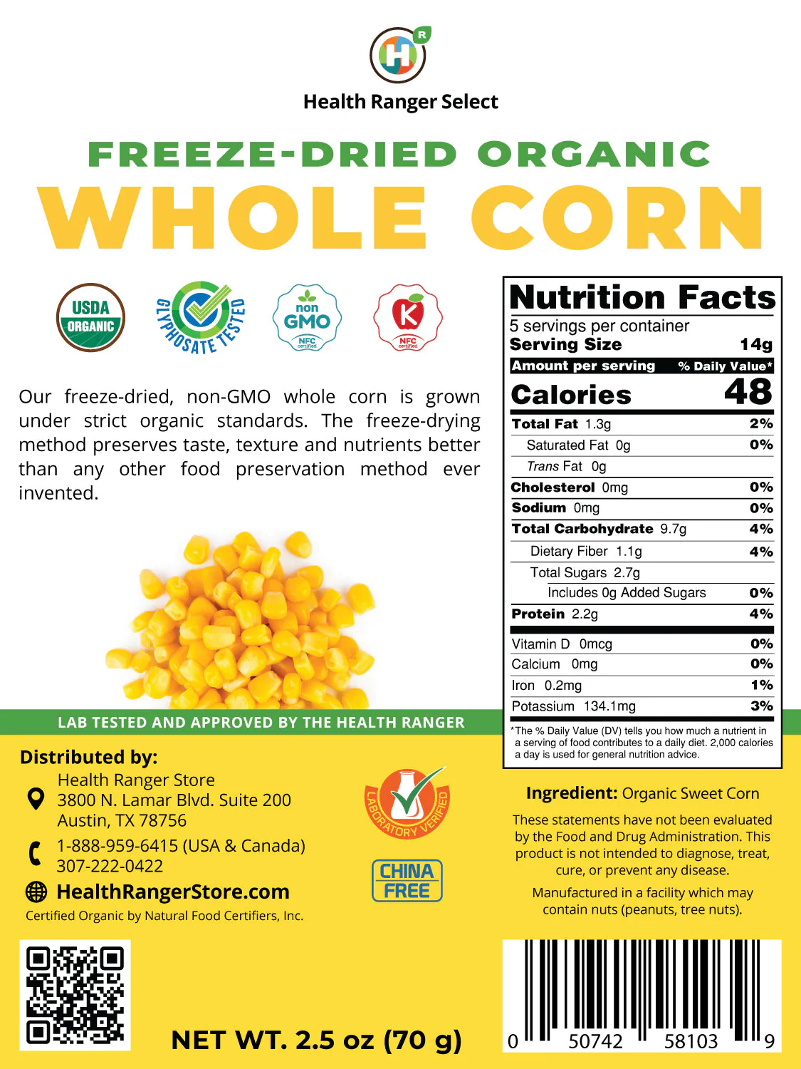 Freeze-Dried Organic Whole Corn 2.5 oz (70g) - Image 2