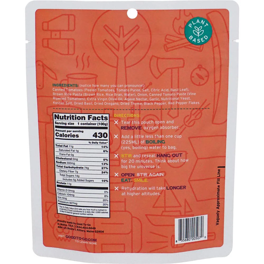 Good to-Go Dehydrated Classic Marinara with Pasta - Single Serving Pouch - Image 2