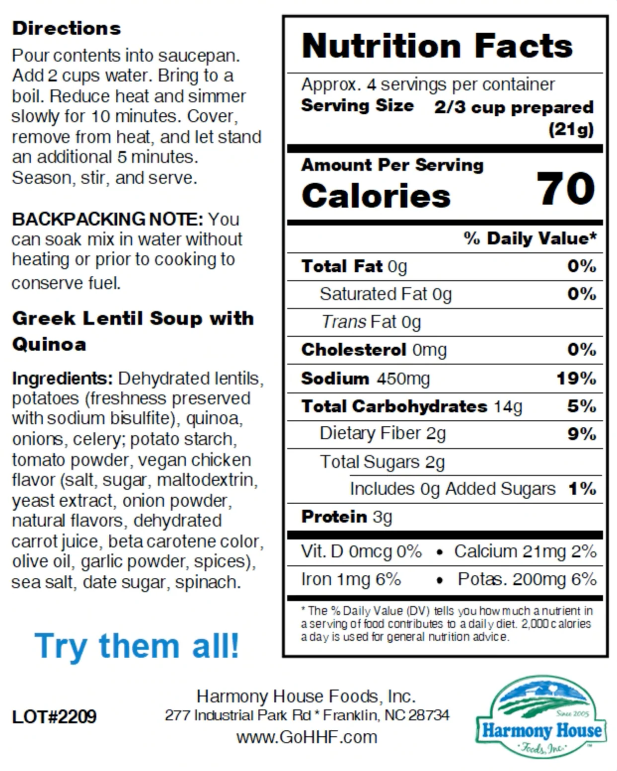 Harmony House Greek Lentil Soup with Quinoa (3 oz) - Image 6