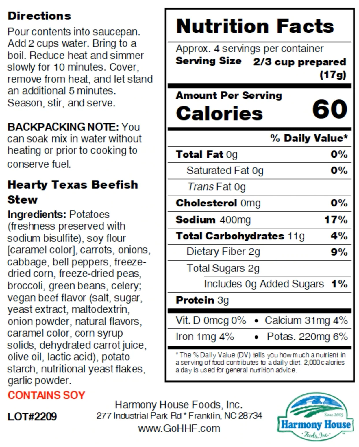 Harmony House Hearty Texas Beefish Stew (2.4 oz) - Image 6