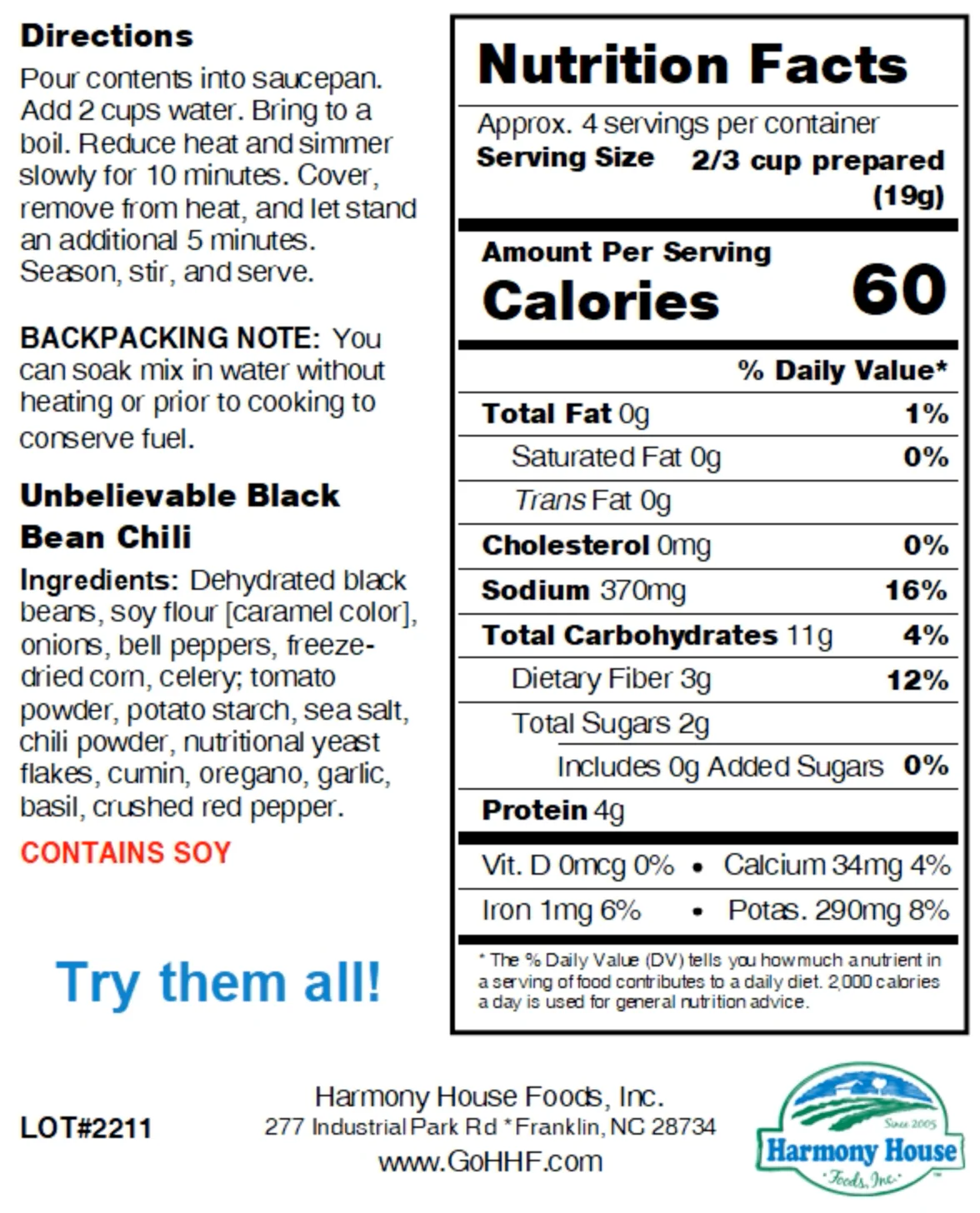 Harmony House Unbelievable Black Bean Chili (2.65 oz) - Image 6