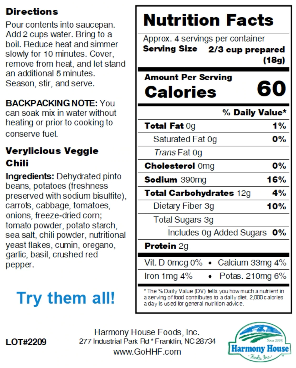 Harmony House Verylicious Veggie Chili (2.5 oz) - Image 6