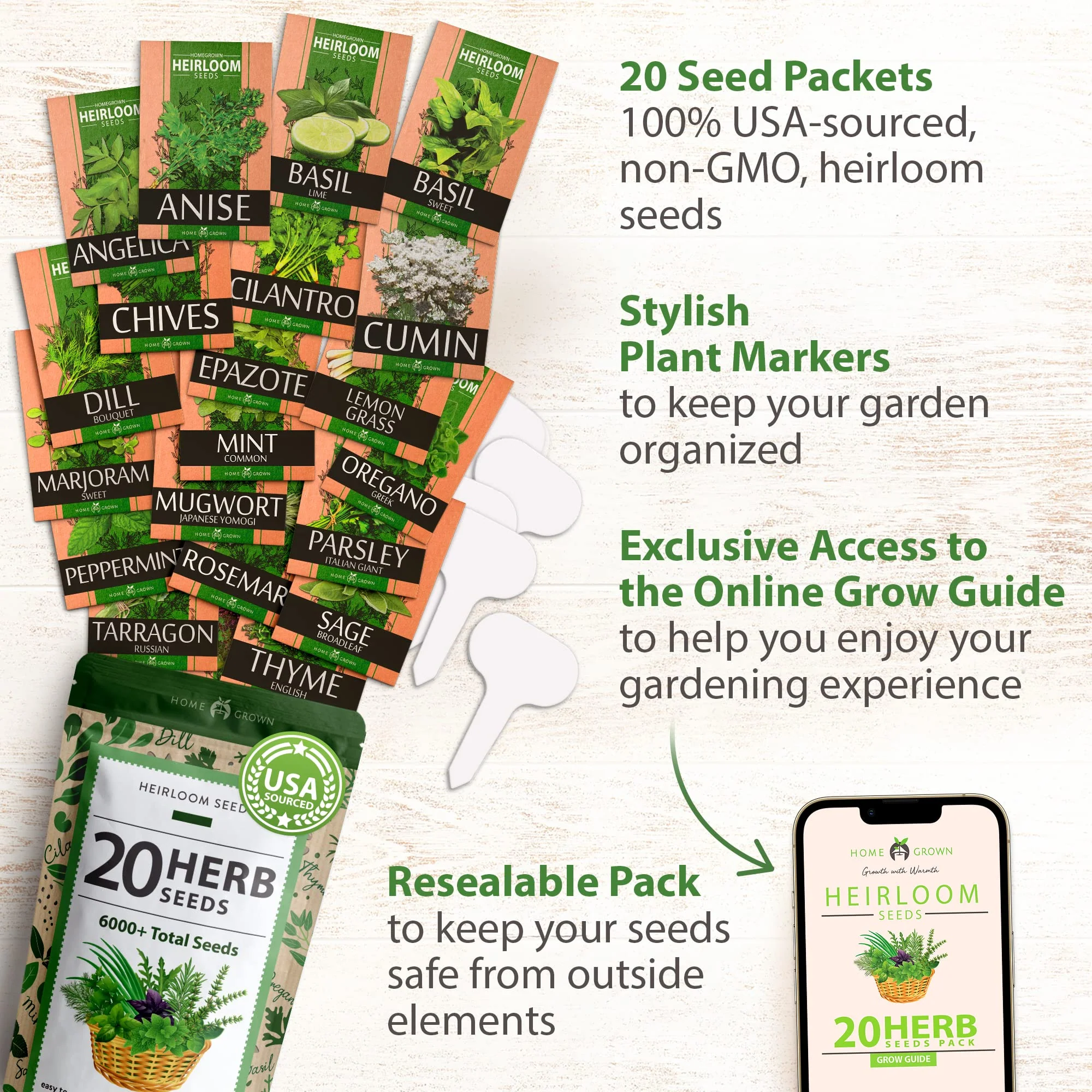 Home Grown Brand Heirloom Herb Seeds 20 Variety Pack - Image 3