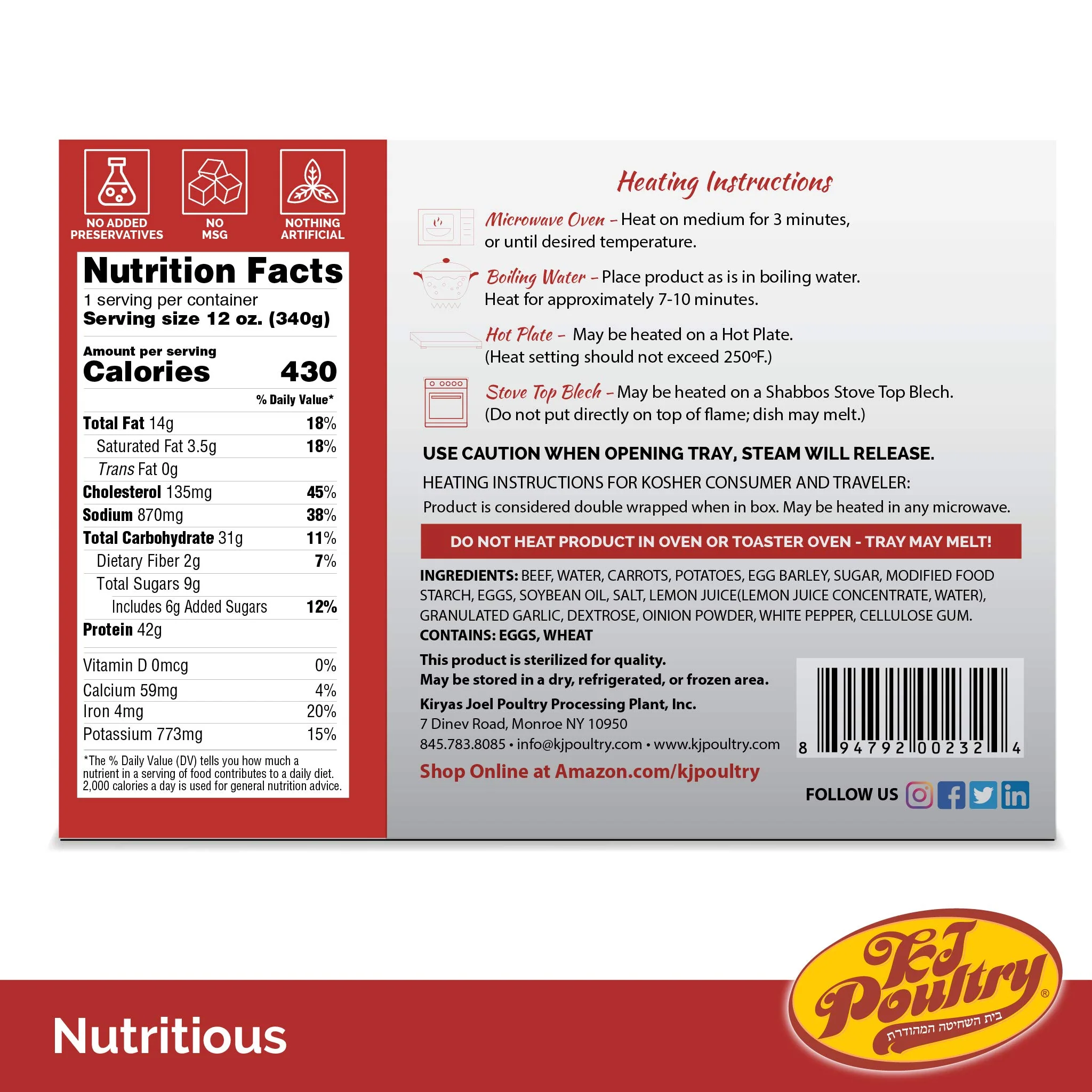 KJ Poultry Kosher MRE Meat Meals Ready to Eat, Beef Rib Steak and Kugel - 1 Pack - Image 6