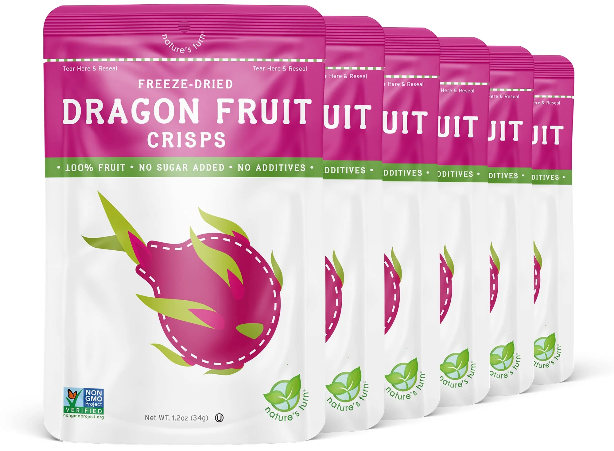 Nature’s Turn Freeze-Dried Fruit Snacks, Dragon Fruit Crisps - Pack of 6 (1.2 oz Each)