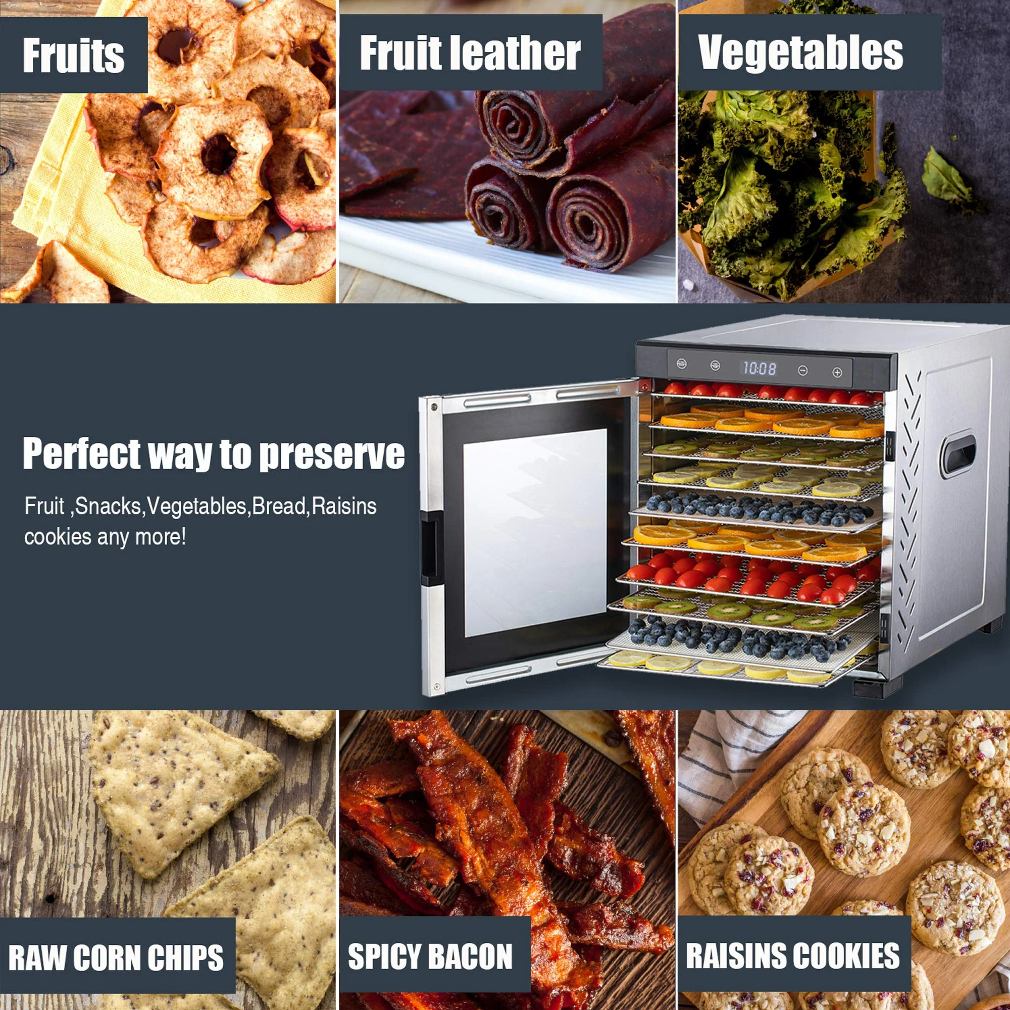 NutriChef Electric Countertop Food Dehydrator Machine - 900-Watt Premium Multi-Tier Dryer w/ 10 Stainless Steel Trays - Image 4