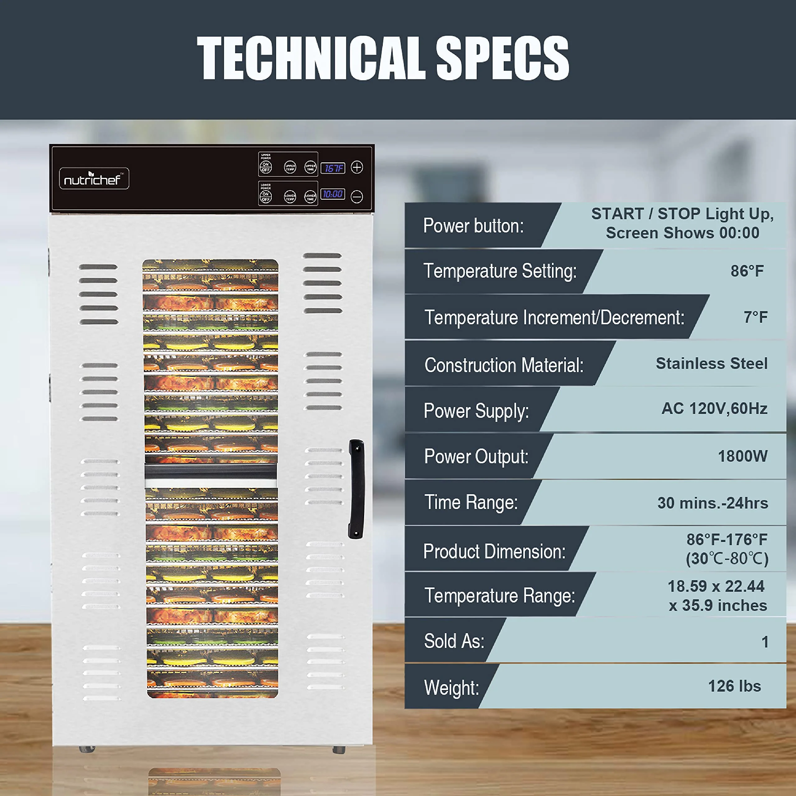 NutriChef Electric Food Dehydrator Machine - 2000-Watt Premium Multi-Tier Dryer With 20 Shelf Stainless Steel Trays - NCFD20S - Image 4