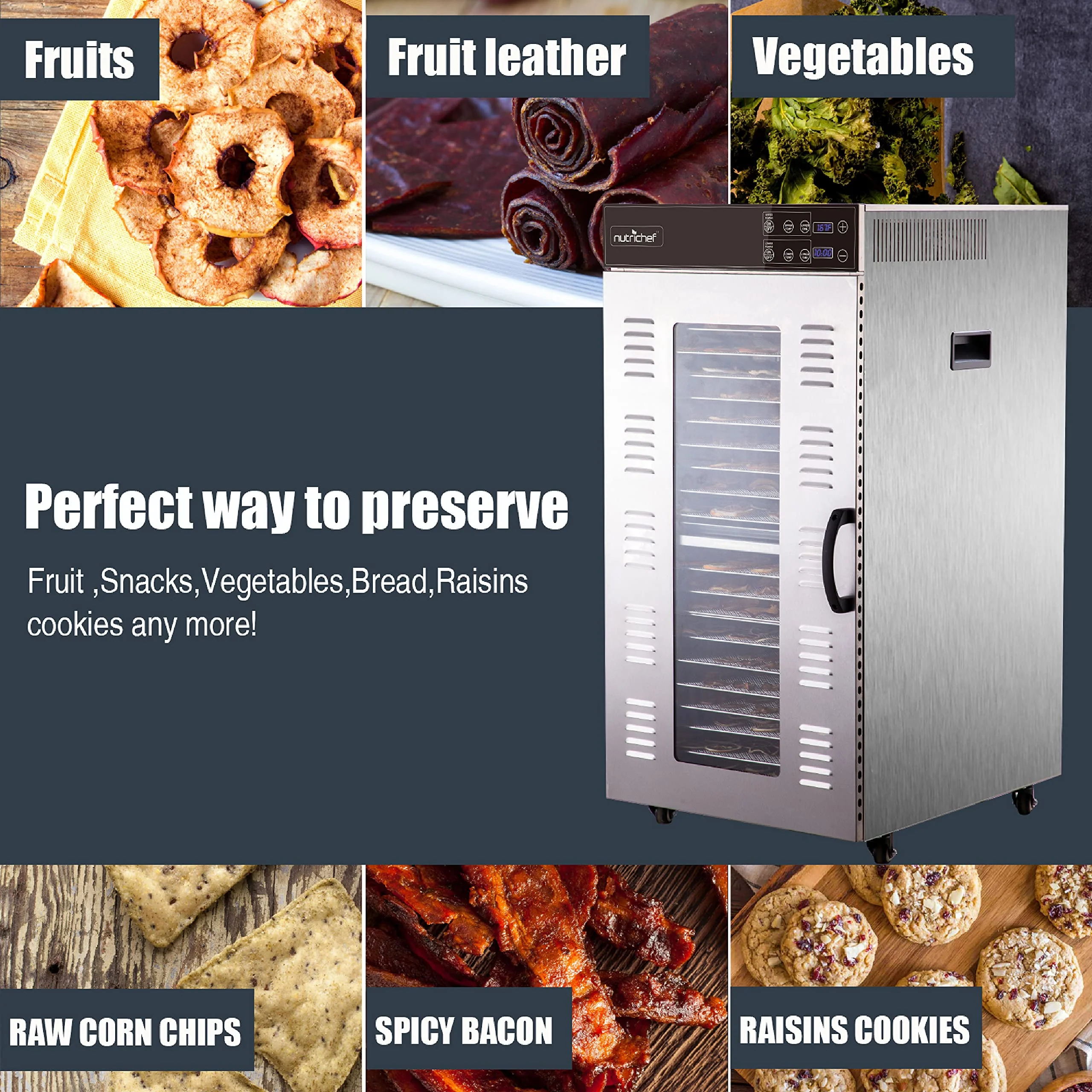 NutriChef Electric Food Dehydrator Machine - 2000-Watt Premium Multi-Tier Dryer With 20 Shelf Stainless Steel Trays - NCFD20S - Image 5
