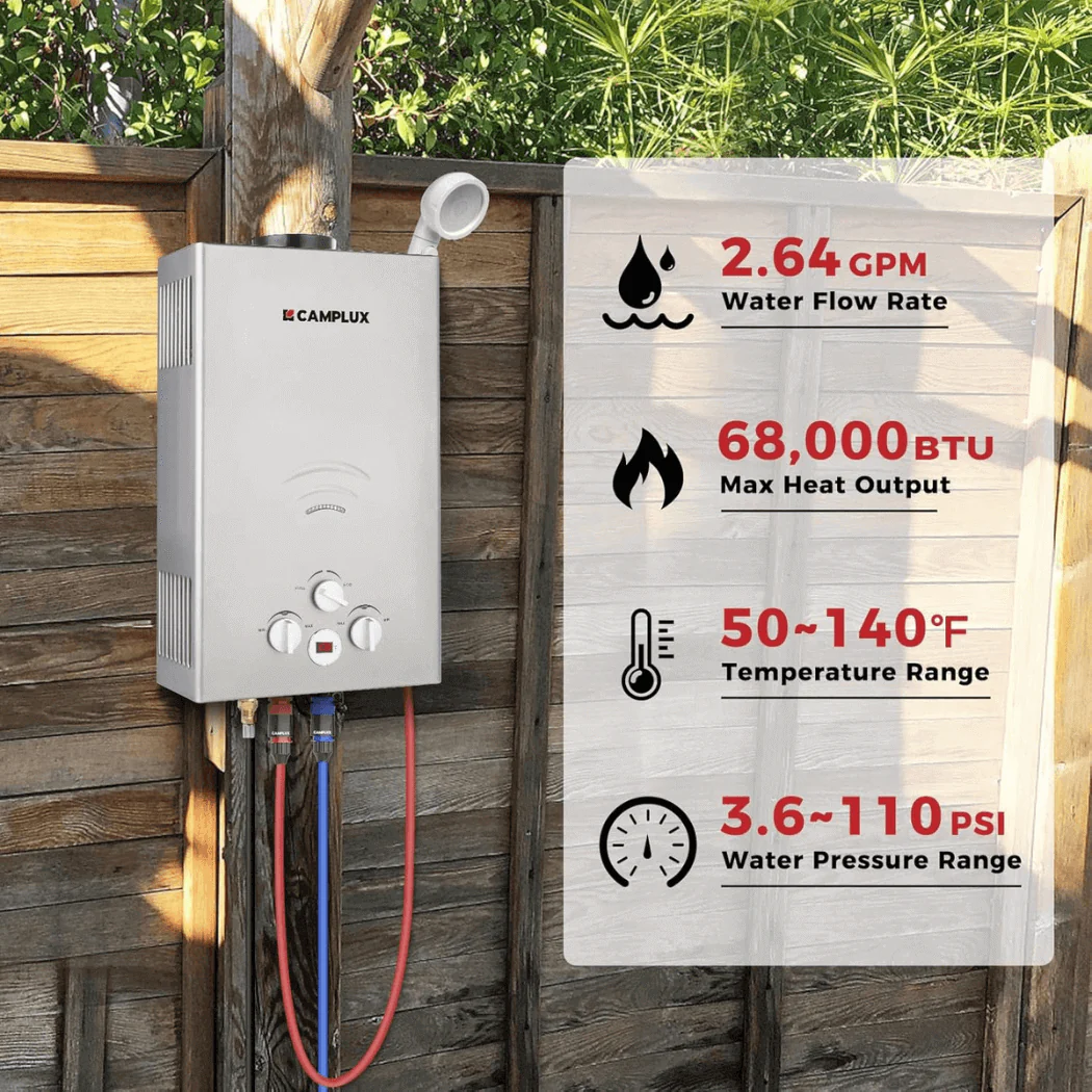 Portable Propane Tankless Water Heater, Camplux 2.64 GPM On Demand Camping Gas Water Heater, Gray - Image 3
