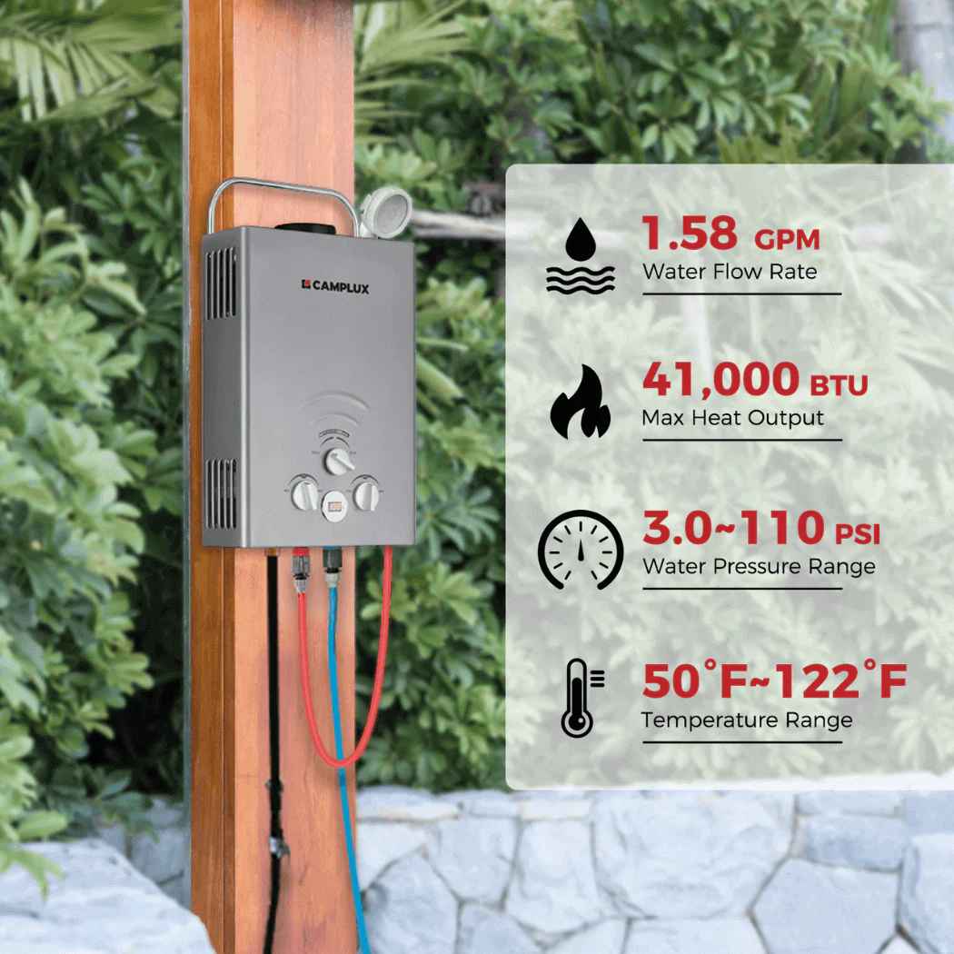 Portable Water Heater, Camplux Tankless Water Heater Propane, 1.58 GPM On Demand Water Heater, Outdoor Gas Water Heater, Gray - Image 3