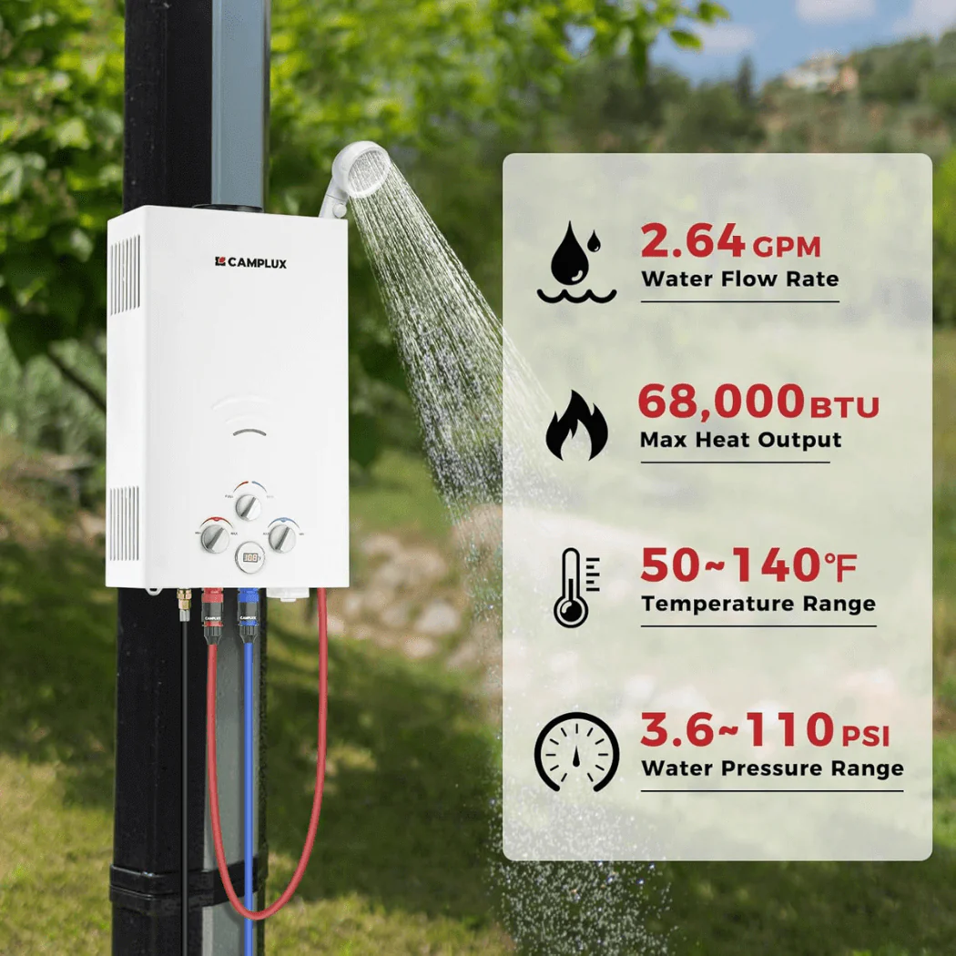 Propane Portable Tankless Water Heater Outdoor, Camplux 2.64 GPM Instant Hot Camping Showers with 3.3 GPM Water Pump & Pipe Strainer - Image 2