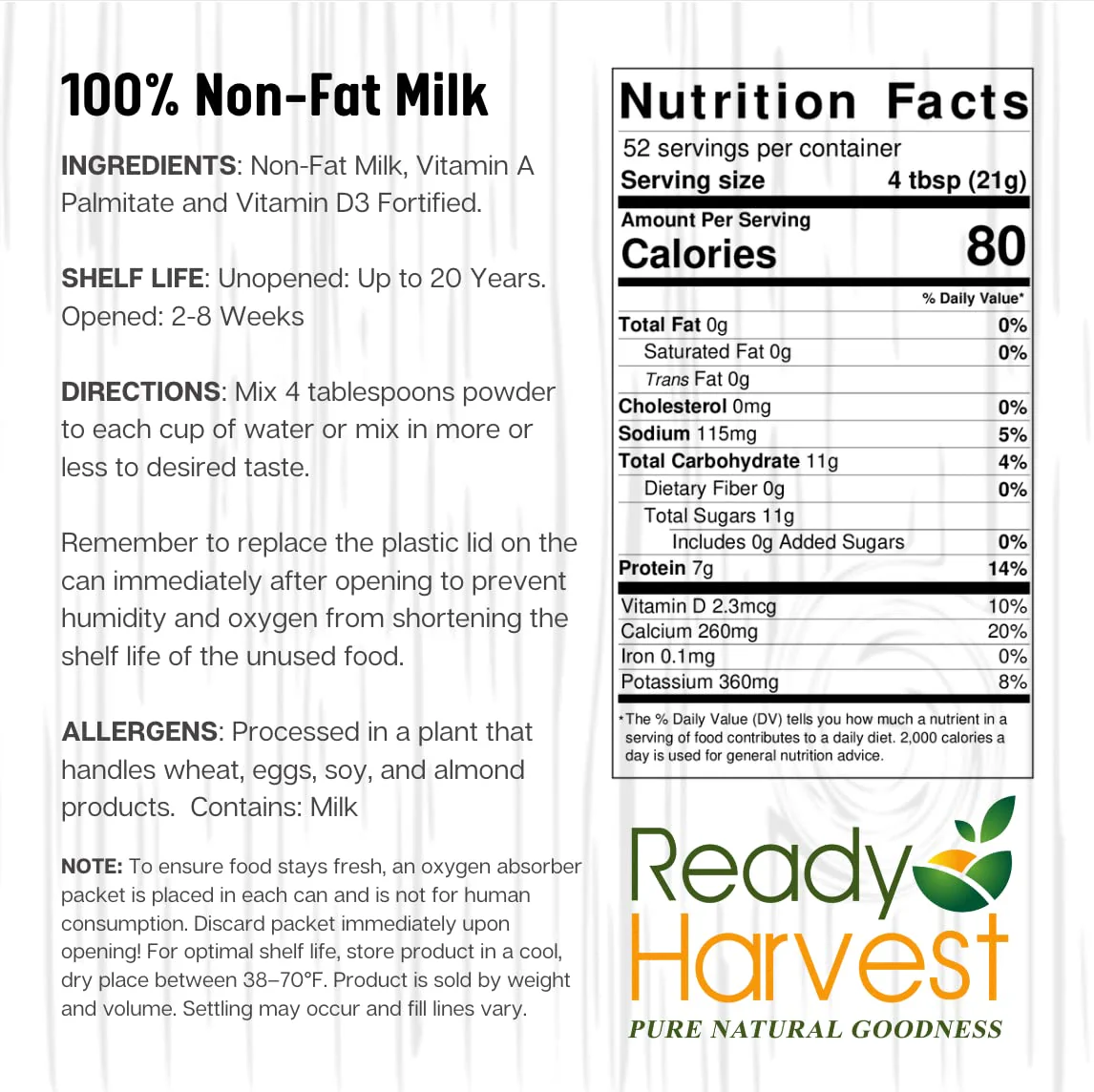 Ready Harvest Dried Powdered Dry Milk - 20 Year Shelf Life - #10 Can - Image 6