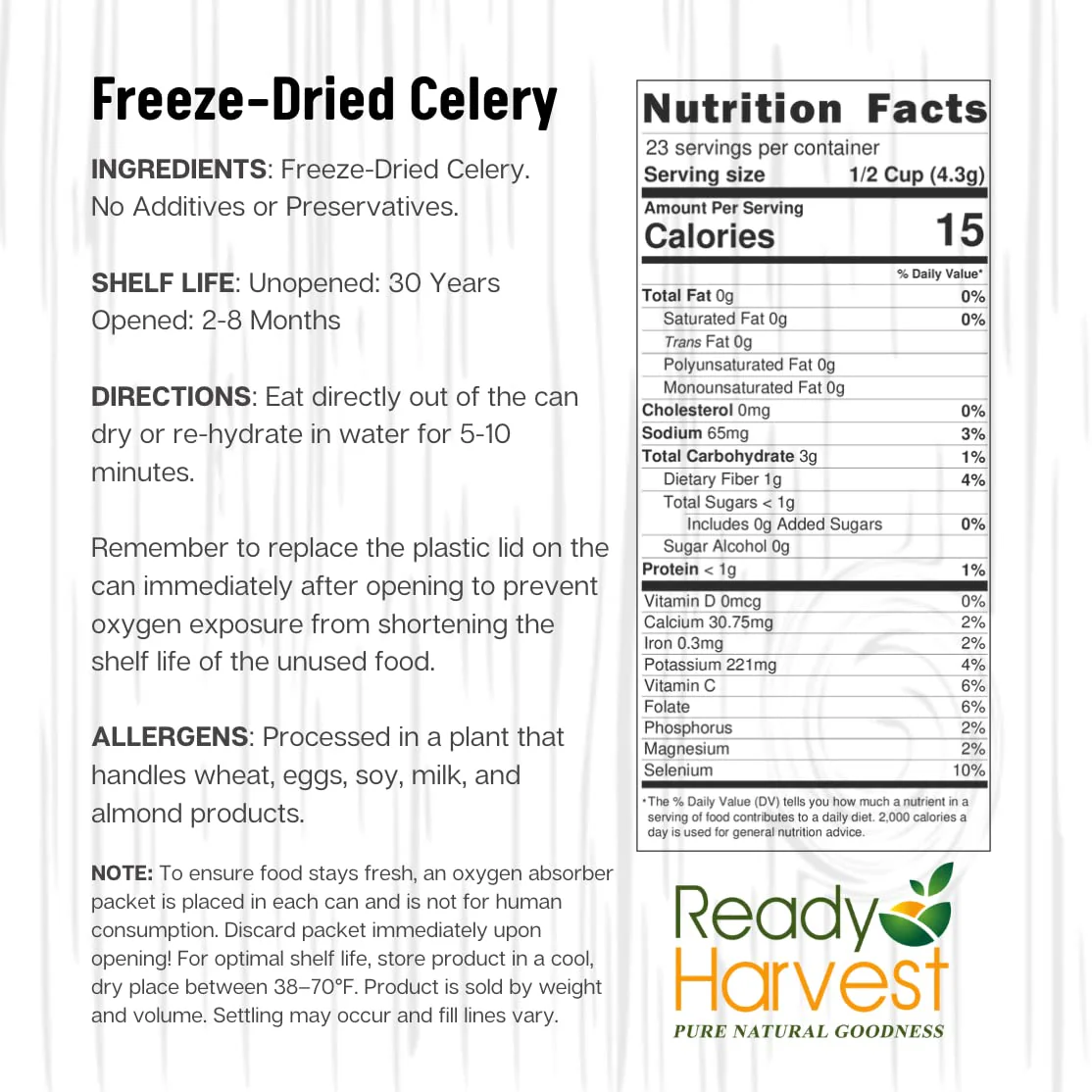 Ready Harvest Freeze-Dried Celery - 30 Year Shelf Life - #10 Can - Image 7