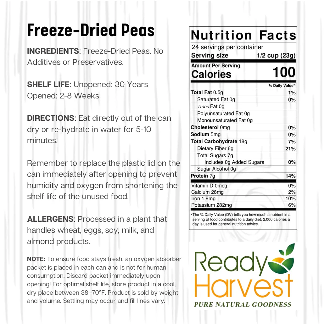 Ready Harvest Freeze-Dried Garden Peas - 30 Year Shelf Life - #10 Can - Image 9