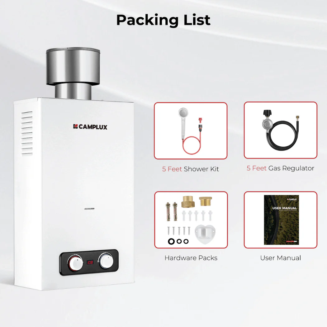 Tankless Water Heater, Camplux 2.64 GPM Outdoor Propane Gas Water Heater with 4.33" Rain Cap, Camping Shower, White - Image 2