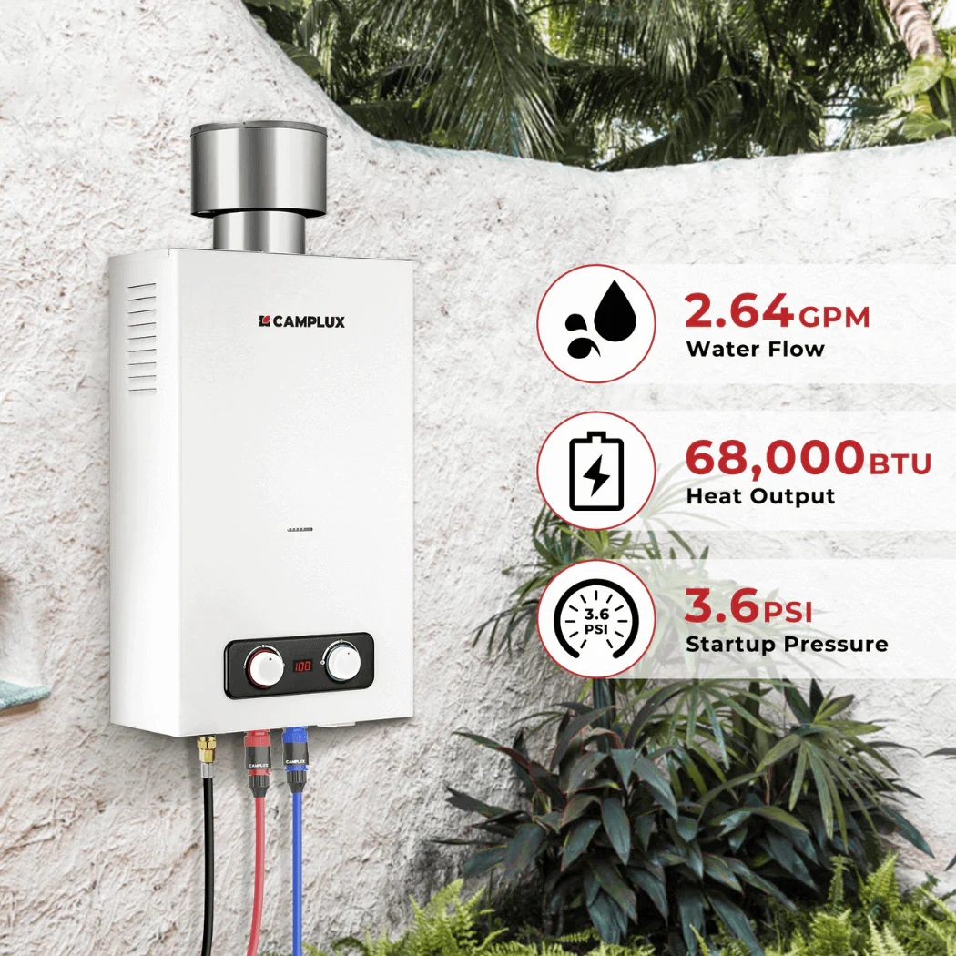 Tankless Water Heater, Camplux 2.64 GPM Outdoor Propane Gas Water Heater with 4.33" Rain Cap, Camping Shower, White - Image 3