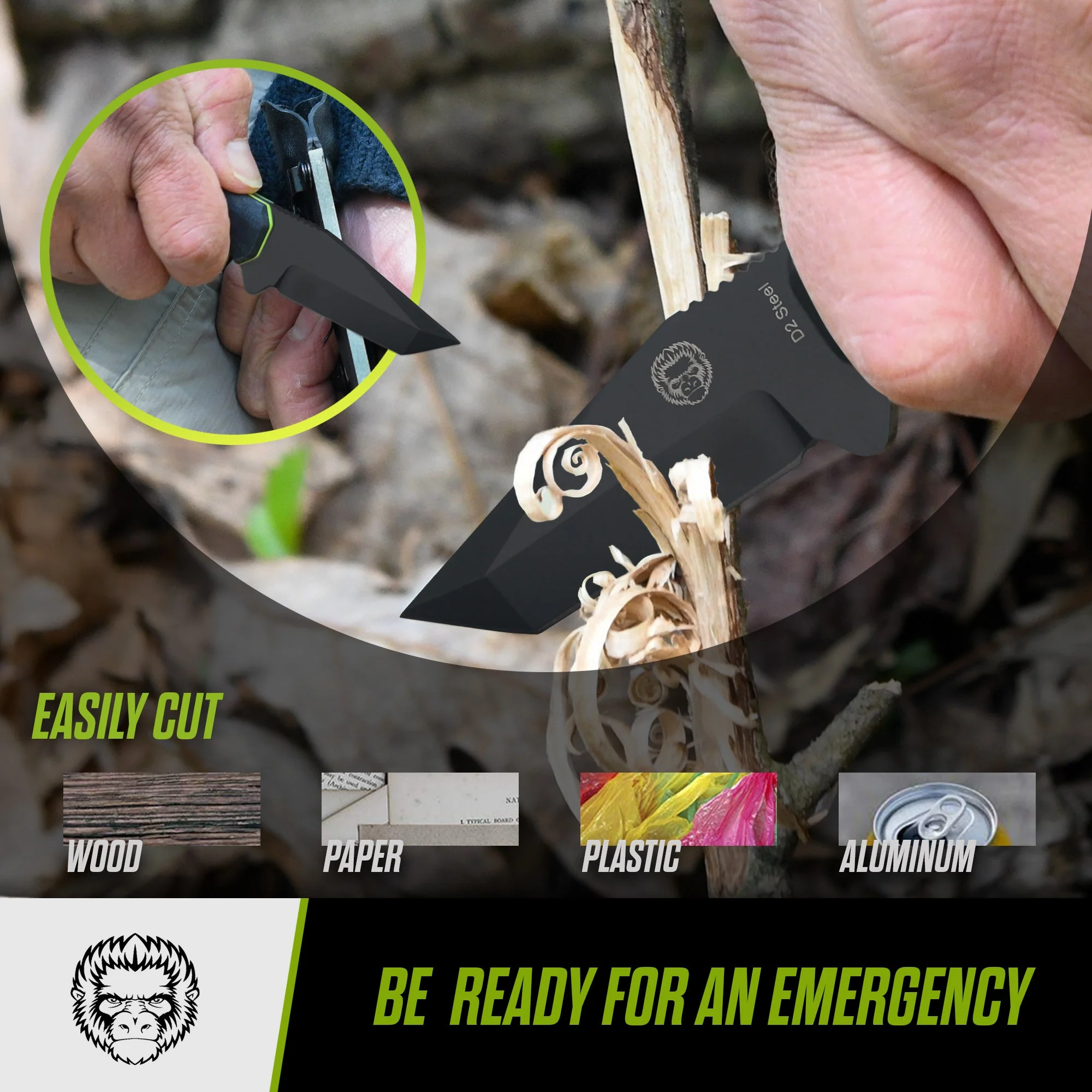 The Wakizashi Survival Neck Knife Giftset for Outdoors (Black Blade + Green Liner) - Image 2