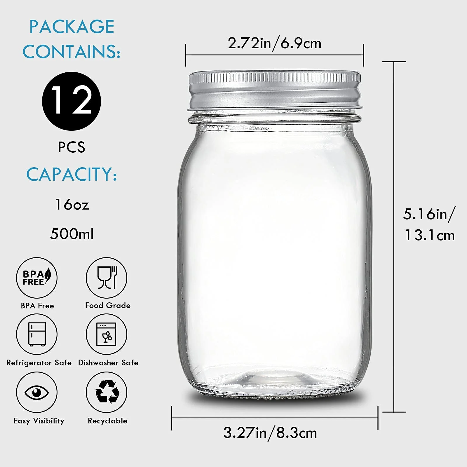 16 oz Wide-Mouth Glass Canning Mason Jars - 12 Pack - Image 3
